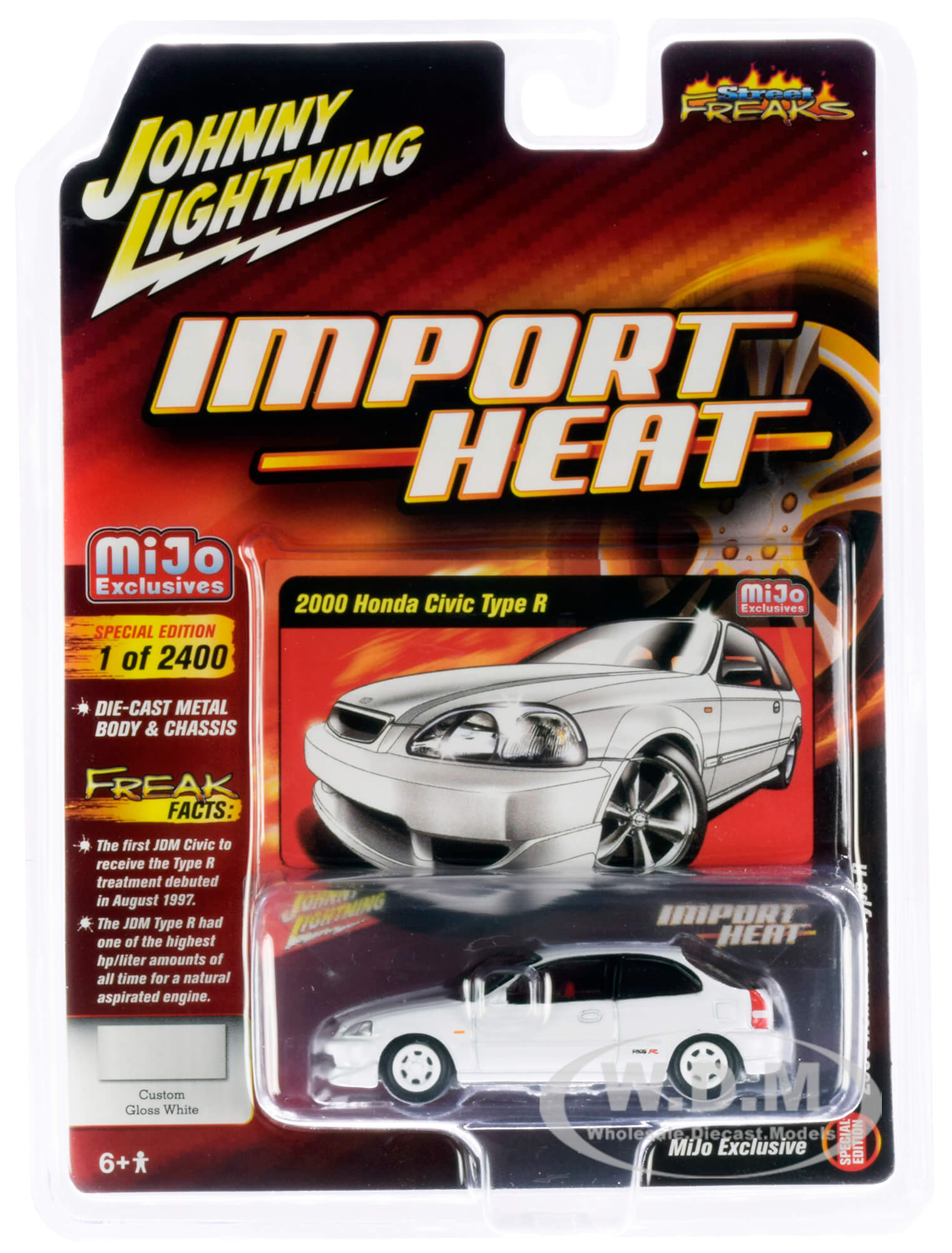 2000 Honda Civic Type R White with White Wheels and Red Interior Import Heat Street Freaks Series Limited Edition to 2400 pieces Worldwide 1/64 Diecast Model Car by Johnny Lightning