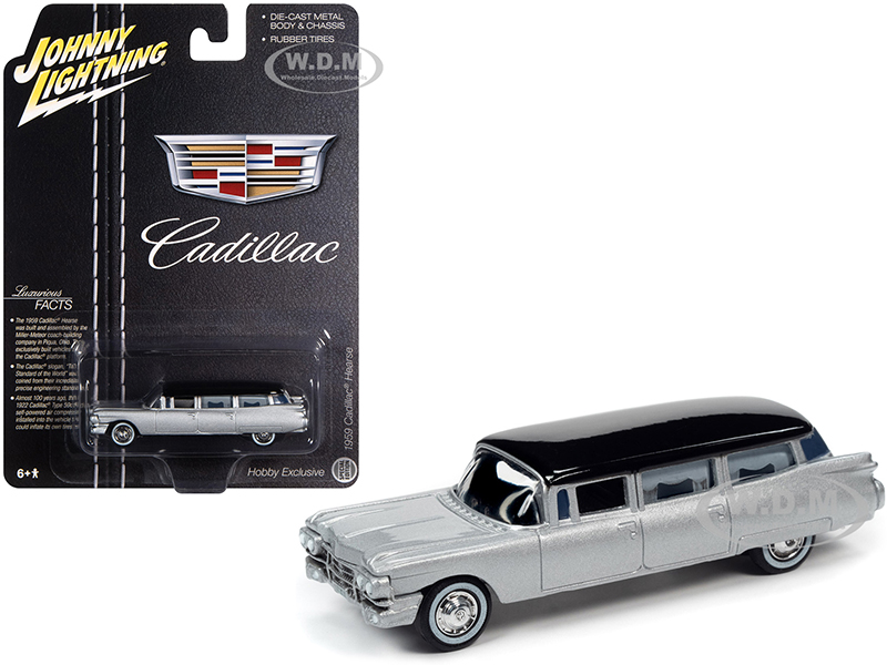 Image of 1959 Cadillac Hearse Silver with Black Top "Special Edition" 1/64 Diecast Model Car by Johnny Lightning