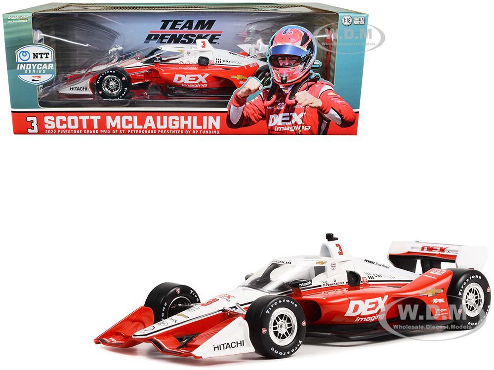 Dallara IndyCar #3 Scott McLaughlin DEX Imaging Team Penske (Road Course Configuration) NTT IndyCar Series First Win Firestone Grand Prix of St. Petersburg (2022) 1/18 Diecast Model Car by Greenlight