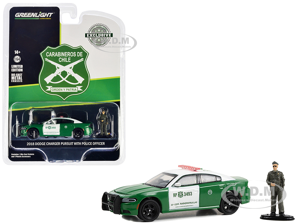 2018 Dodge Charger Pursuit Green and White Carabineros de Chile with Carabineros de Chile Police Figure Hobby Exclusive Series 1/64 Diecast Model Car by Greenlight