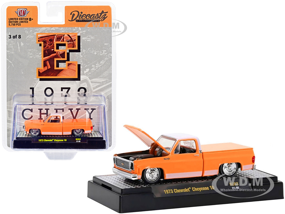 1973 Chevrolet Cheyenne 10 Pickup Truck with Bed Cover E Orange with White Top and Stripes Diecastz Collectors Riverside Show Exclusives Limited Edition to 5750 pieces Worldwide 1/64 Diecast Model Car by M2 Machines