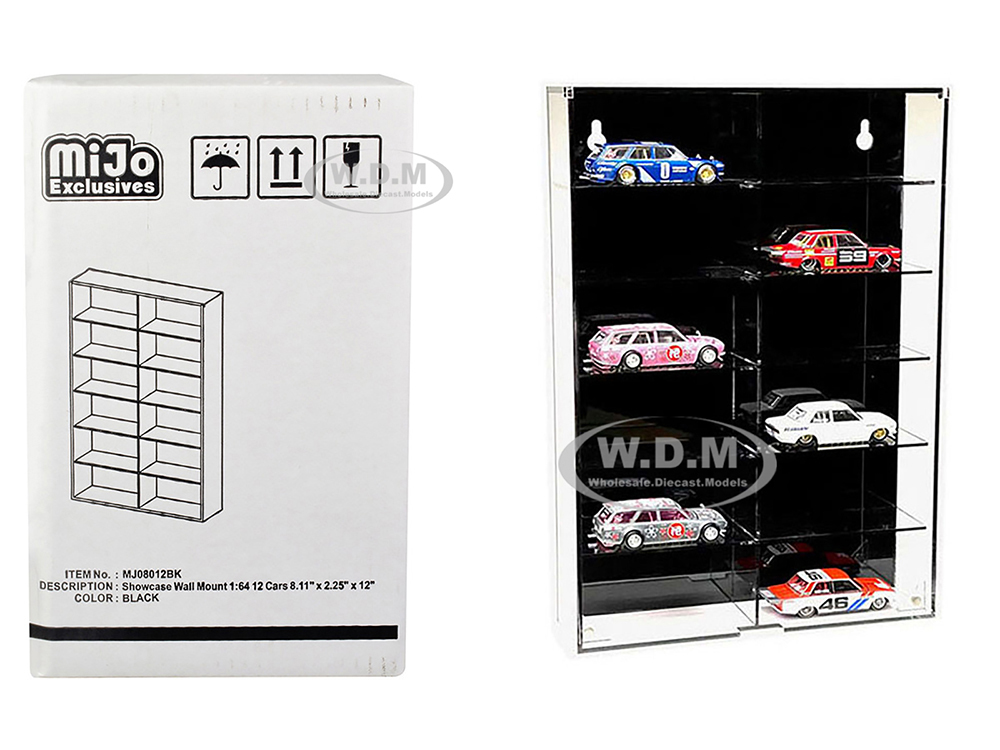 Showcase 12 Car Display Case Wall Mount with Black Back Panel "Mijo Exclusives" for 1/64 Scale Models