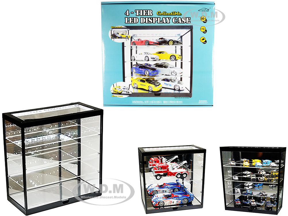 Collectible 4-Layer Display Showcase with USB Powered LED Lights Black for 1/18 1/24 1/32 1/43 1/64 Scale Models
