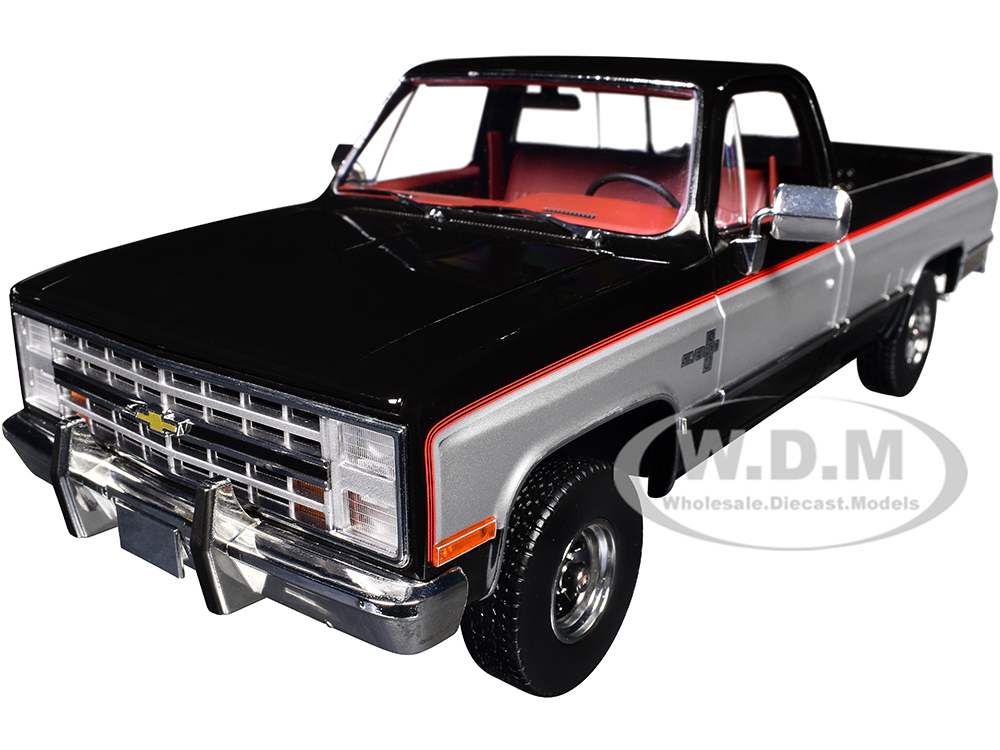 1986 Chevrolet K10 Silverado Pickup Truck Midnight Black and Steel Gray Metallic with Red Interior 1/18 Diecast Model Car by Greenlight